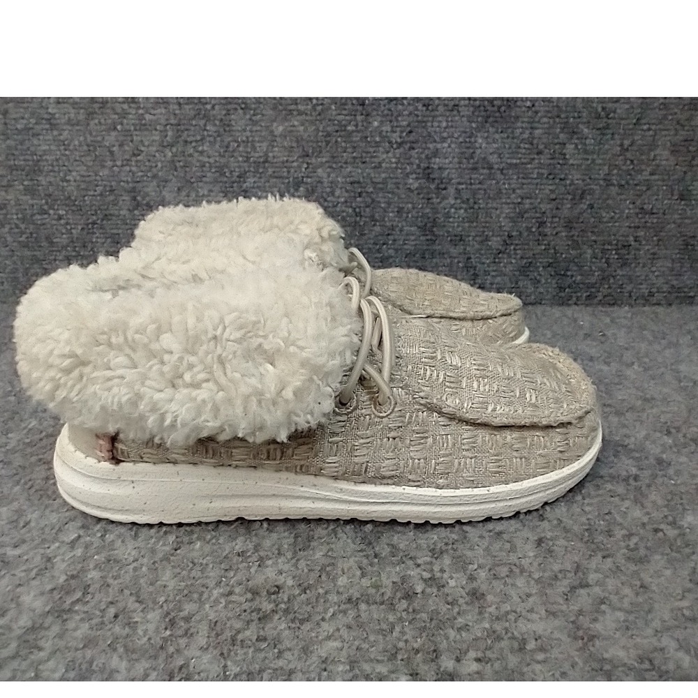Hey Dude Wendy Peak Boots Girls 2 Beige Woven Faux Fur Lined Platform Shoes